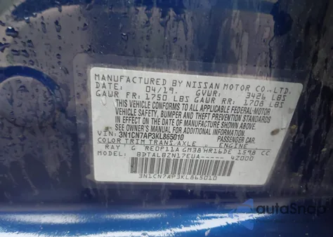 2019 Nissan Versa 1.6 Sv из США, поврежденный, VIN 3N1CN7AP3KL865010